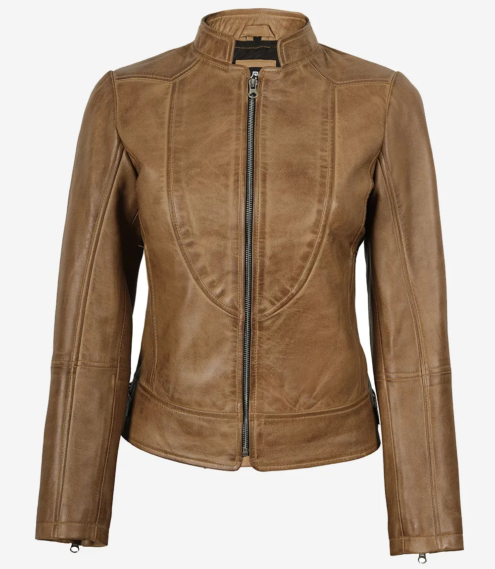 Amy Damen Lederjacke im Biker-Stil, Kamelbraun