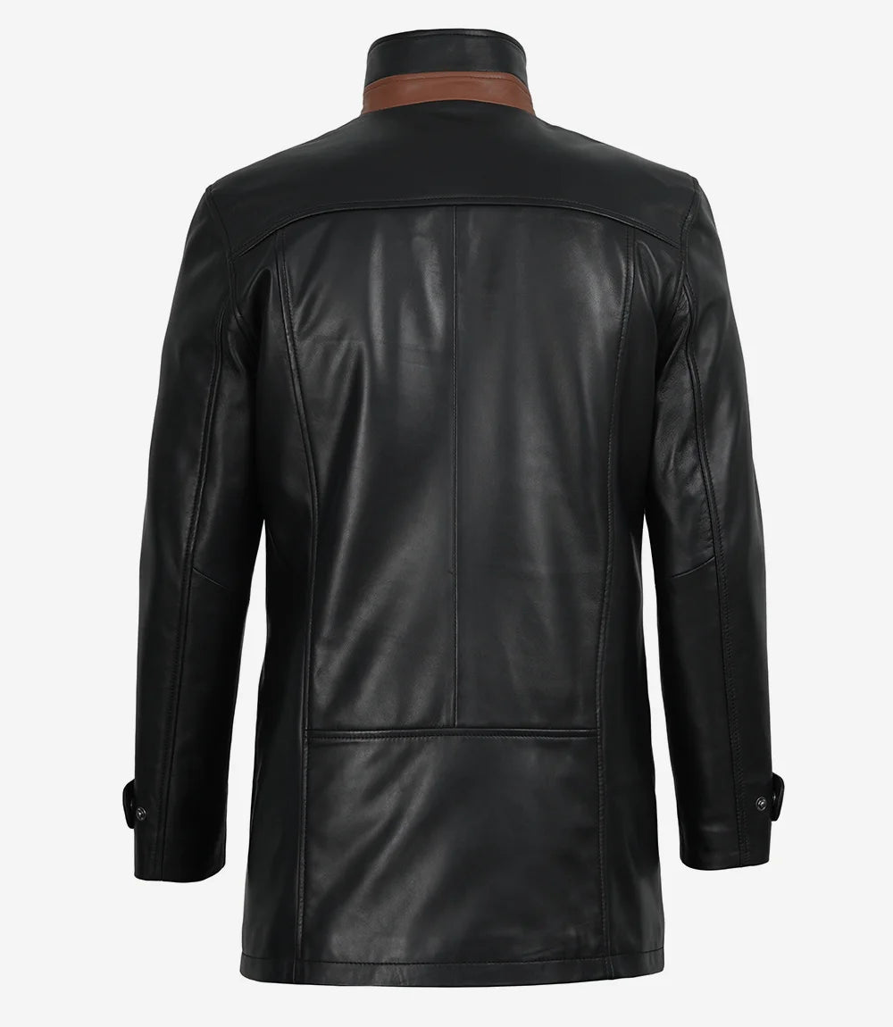 Erin Mens High-Collar Black Leather Jacket With Brown Details
