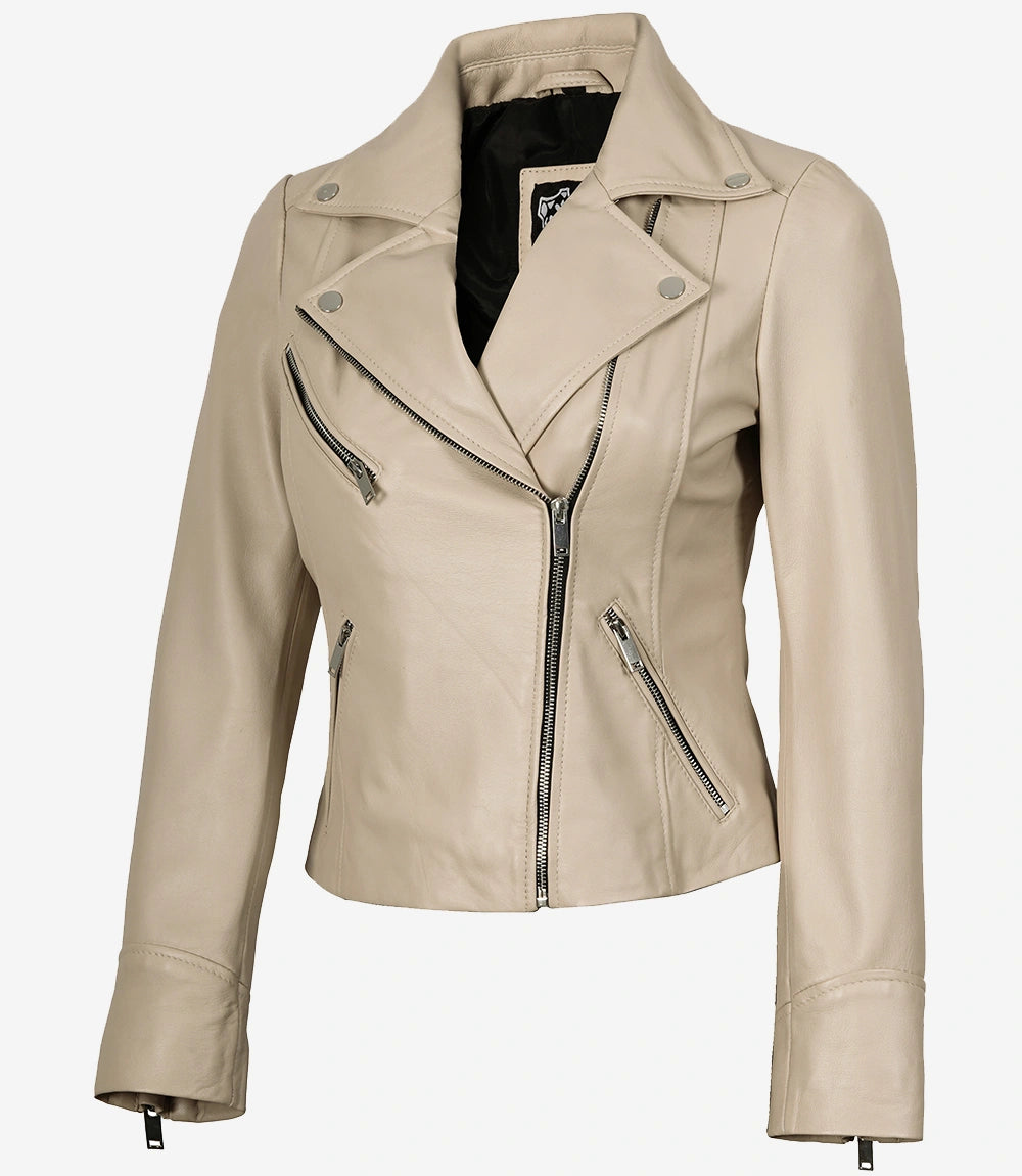 Beigefarbene Bikerjacke aus echtem Lammleder für Damen