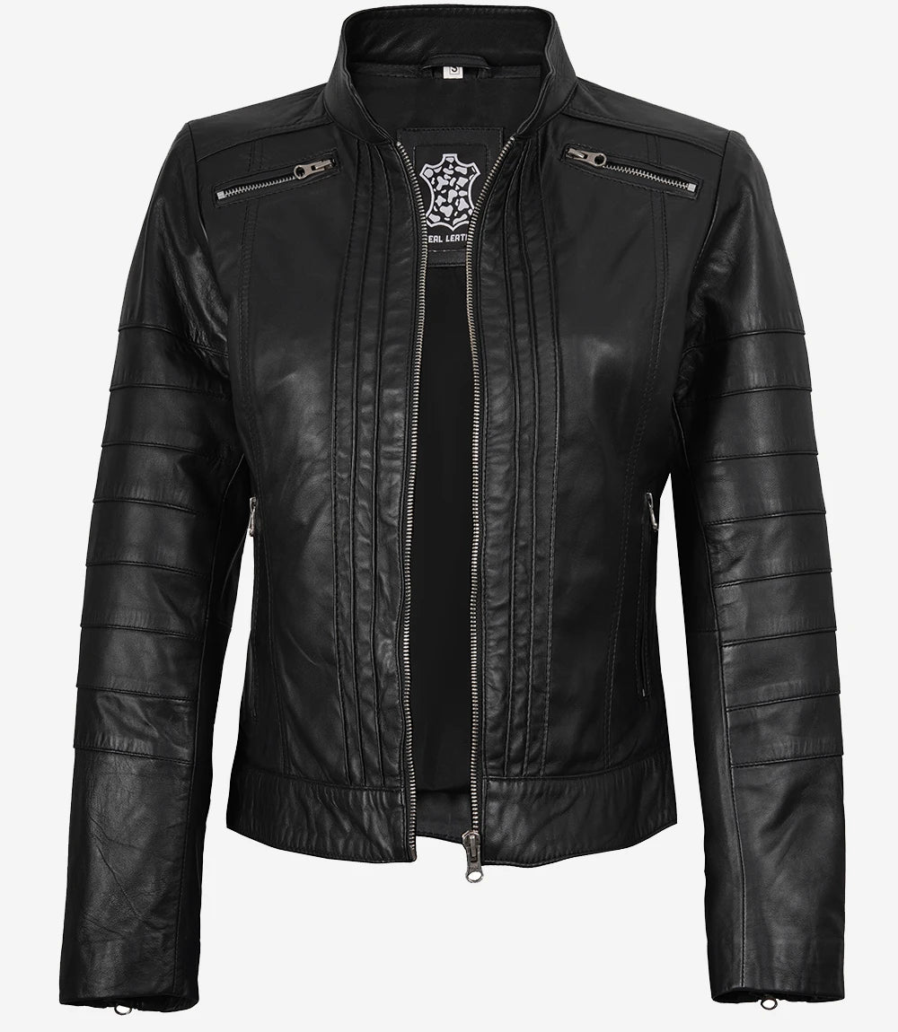 Bergamo Damen Schwarze Lederjacke im Bikerstil