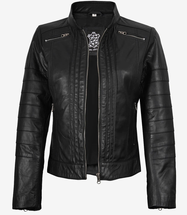 Bergamo Damen Schwarze Lederjacke im Bikerstil