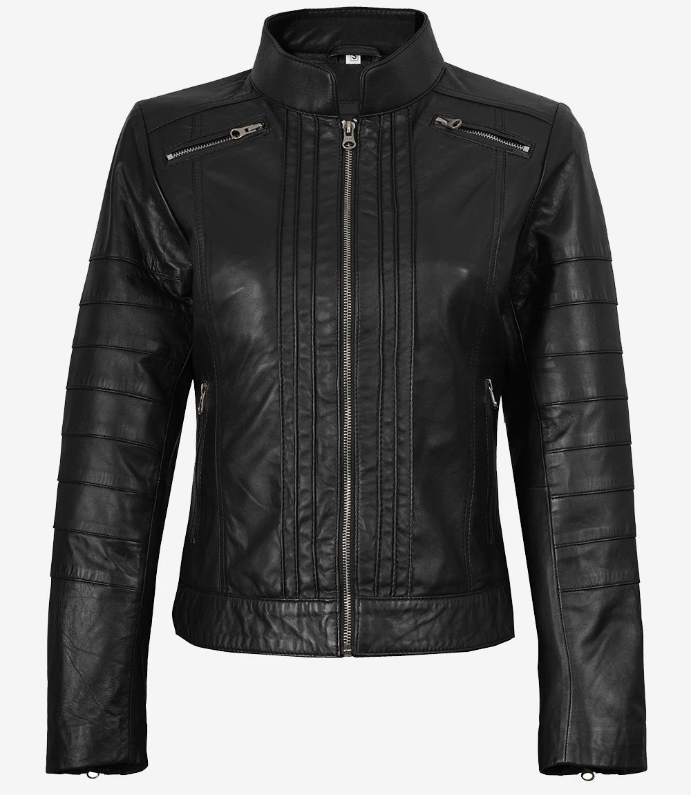 Bergamo Damen Schwarze Lederjacke im Bikerstil
