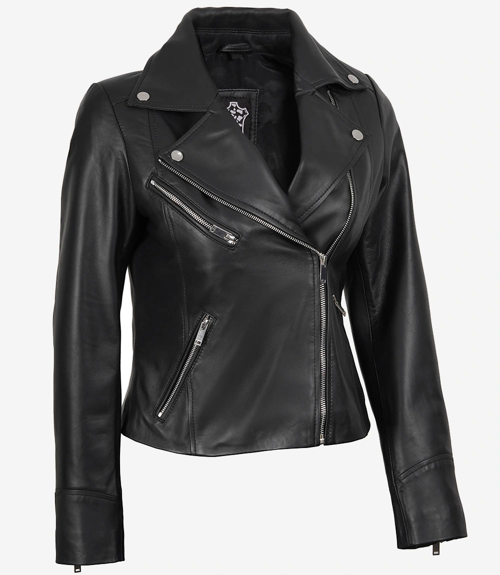 Rita Damen Asymmetrische schwarze Lederjacke im Biker-Stil