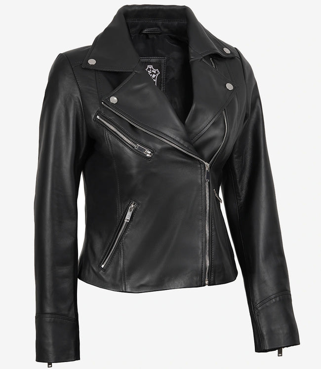 Rita Damen Asymmetrische schwarze Lederjacke im Biker-Stil