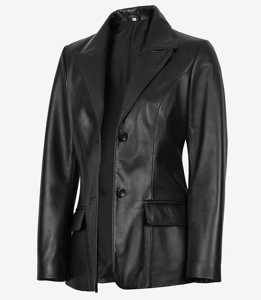 Womens Black Two Button Leather Blazer