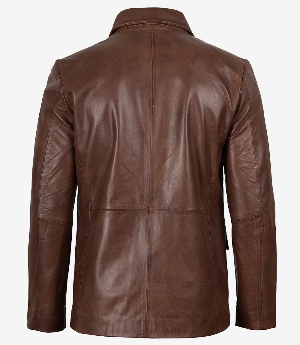 Herren-Blazer aus gewachstem Leder mit zwei Knöpfen in Cognac – Revers