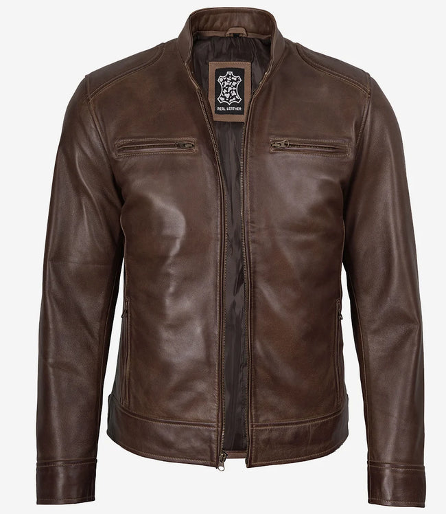 Dodge Herren-Lederjacke im Biker-Stil, gewachst, schokoladenbraun