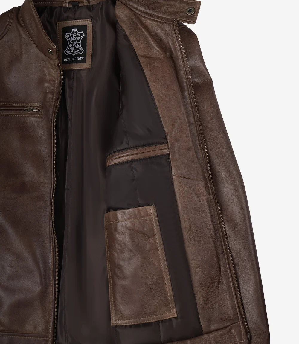 Dodge Herren-Lederjacke im Biker-Stil, gewachst, schokoladenbraun