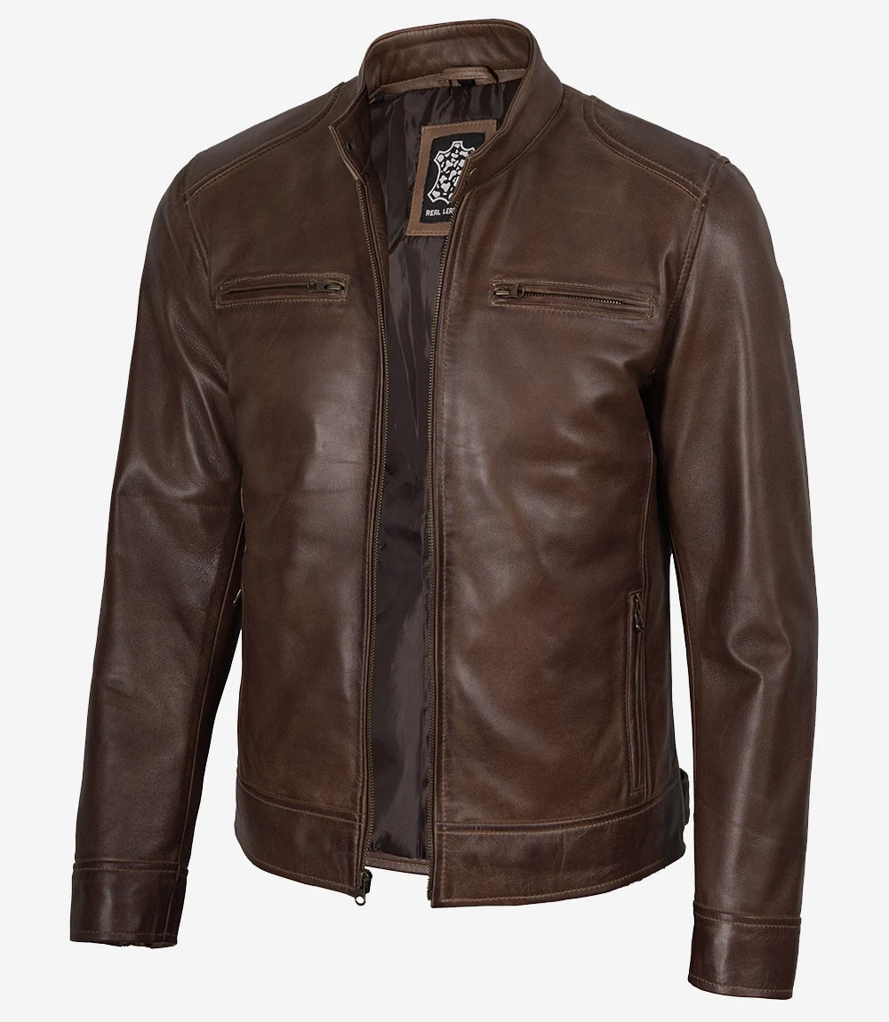 Dodge Herren-Lederjacke im Biker-Stil, gewachst, schokoladenbraun