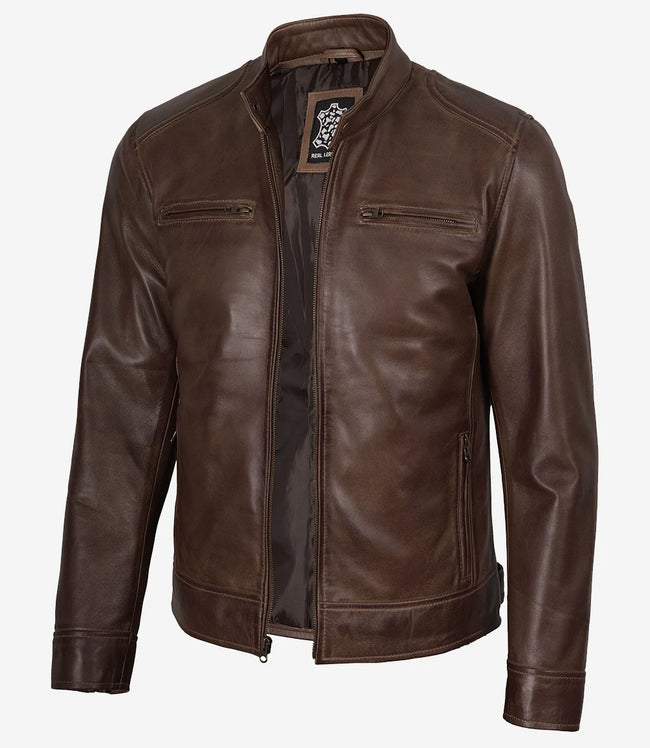 Dodge Herren-Lederjacke im Biker-Stil, gewachst, schokoladenbraun