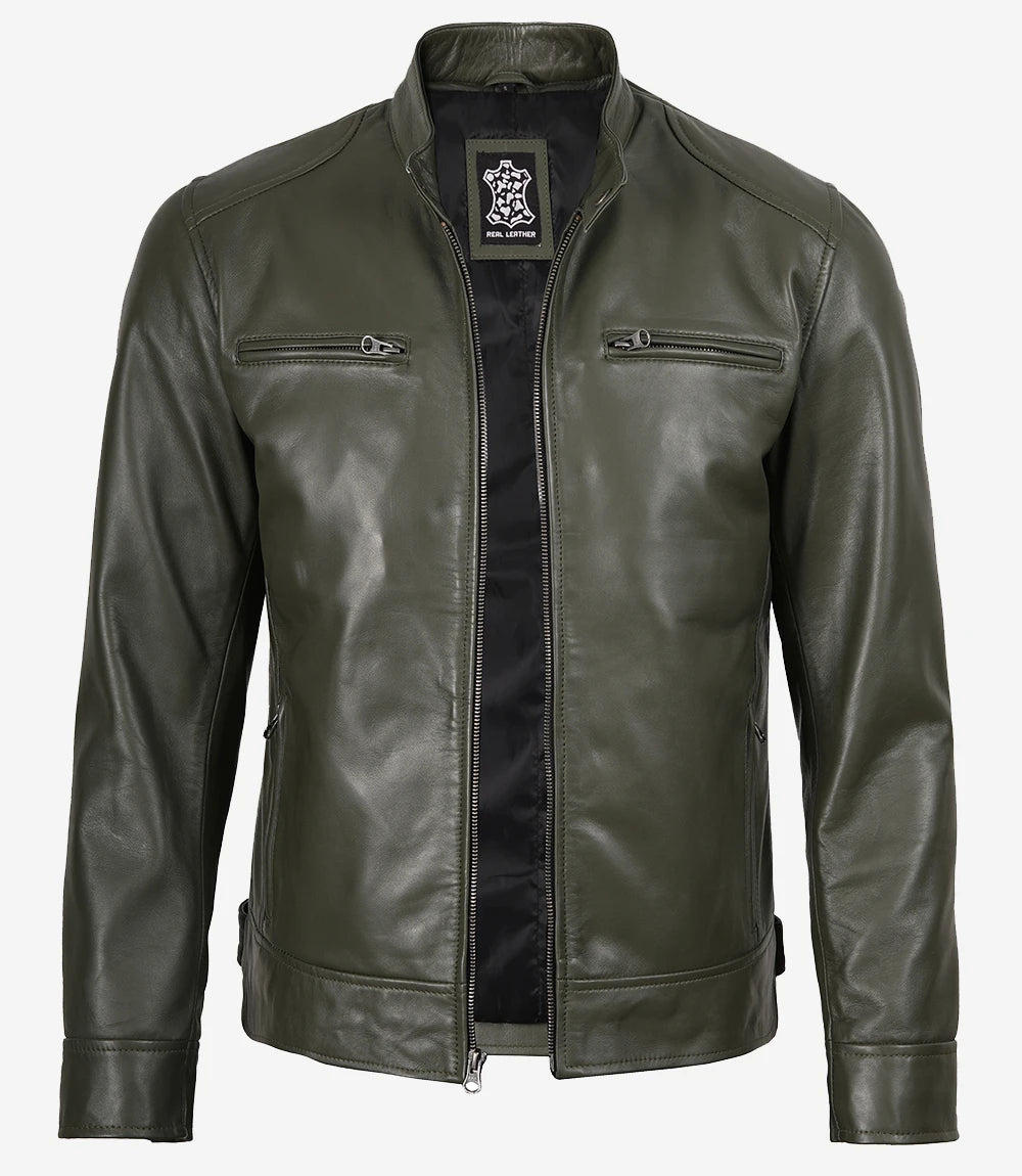 Dodge – Olivgrüne Lederjacke im Biker-Stil für Herren