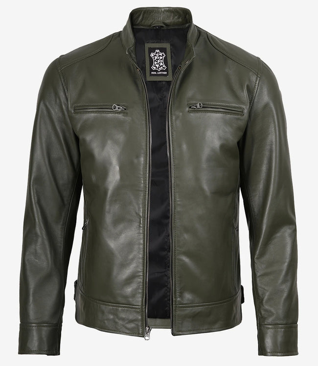 Dodge – Olivgrüne Lederjacke im Biker-Stil für Herren