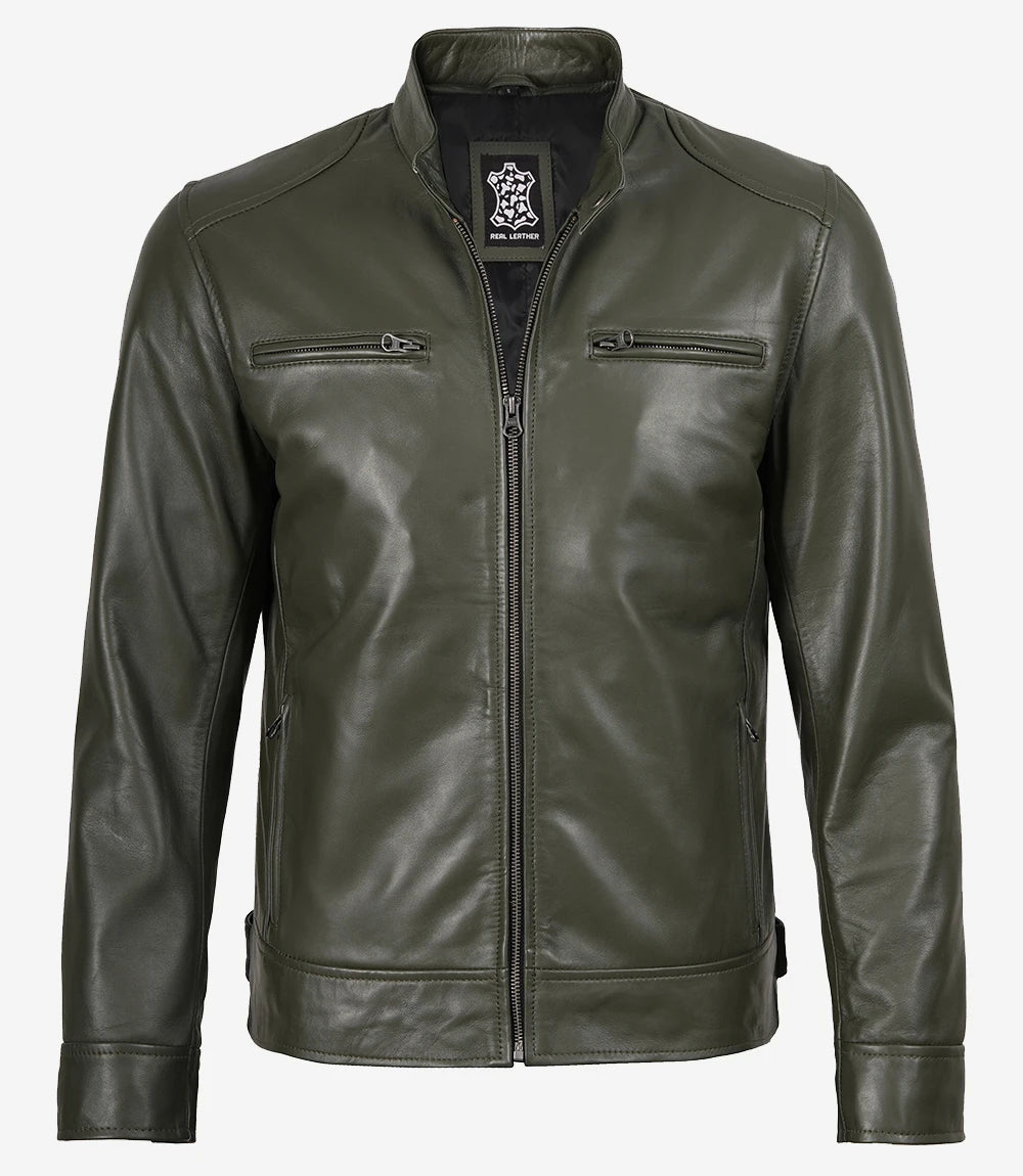 Dodge – Olivgrüne Lederjacke im Biker-Stil für Herren
