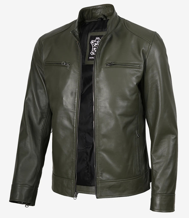 Dodge – Olivgrüne Lederjacke im Biker-Stil für Herren