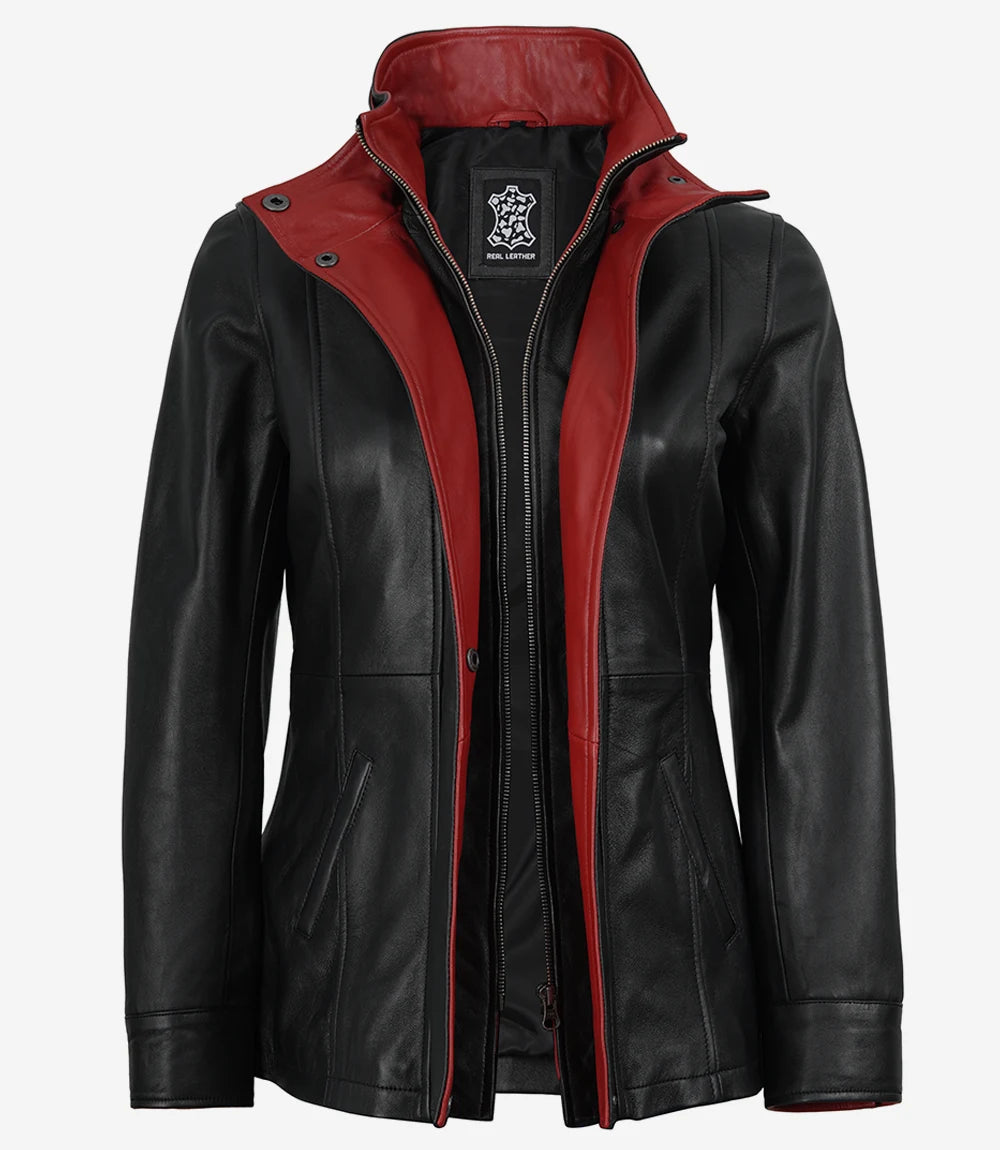 Erin Women's High-Collar Black Leather Jacket With Red Details