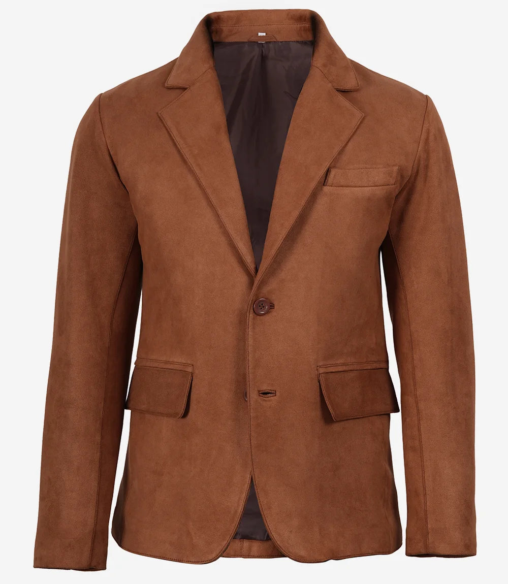 Men's Light Brown Faux Suede Blazer Jacket – 2-Button Notch Lapel
