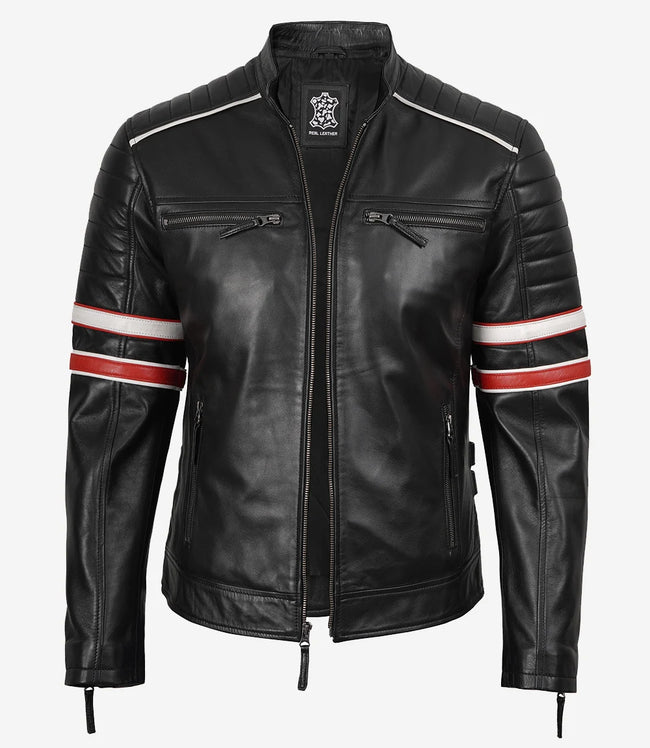 Schwarze Herrenjacke aus Lammleder im Biker-Stil – weiß und rot gestreift