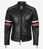 Schwarze Herrenjacke aus Lammleder im Biker-Stil – weiß und rot gestreift