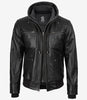 Schwarze Bomberjacke aus Leder für Herren mit abnehmbarer Kapuze