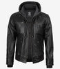 Schwarze Bomberjacke aus Leder für Herren mit abnehmbarer Kapuze