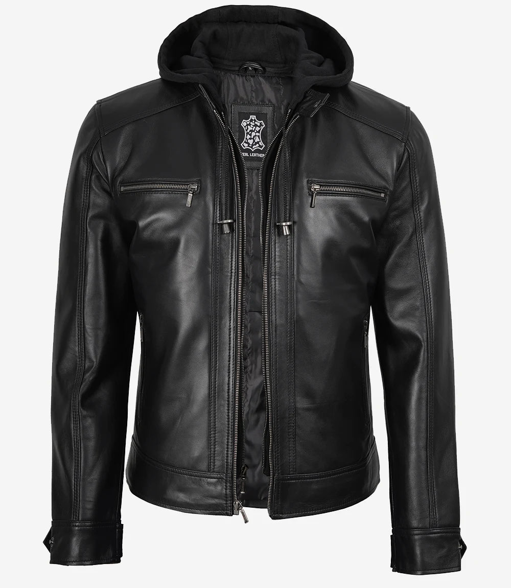 Schwarze Herren-Lederjacke mit abnehmbarem Hoodie