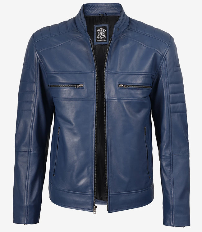 Blaue Lederjacke im Biker-Stil für Herren