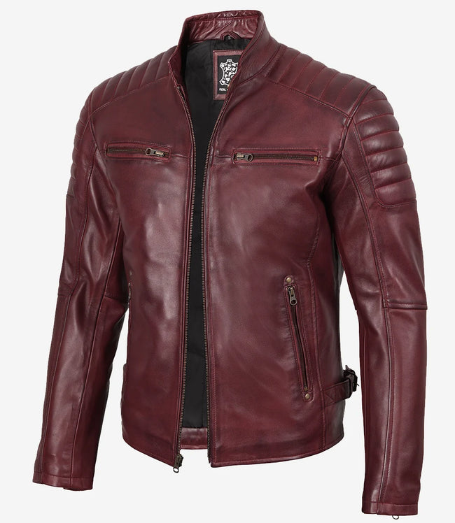 Burgunderrote Lederjacke im Biker-Stil für Herren
