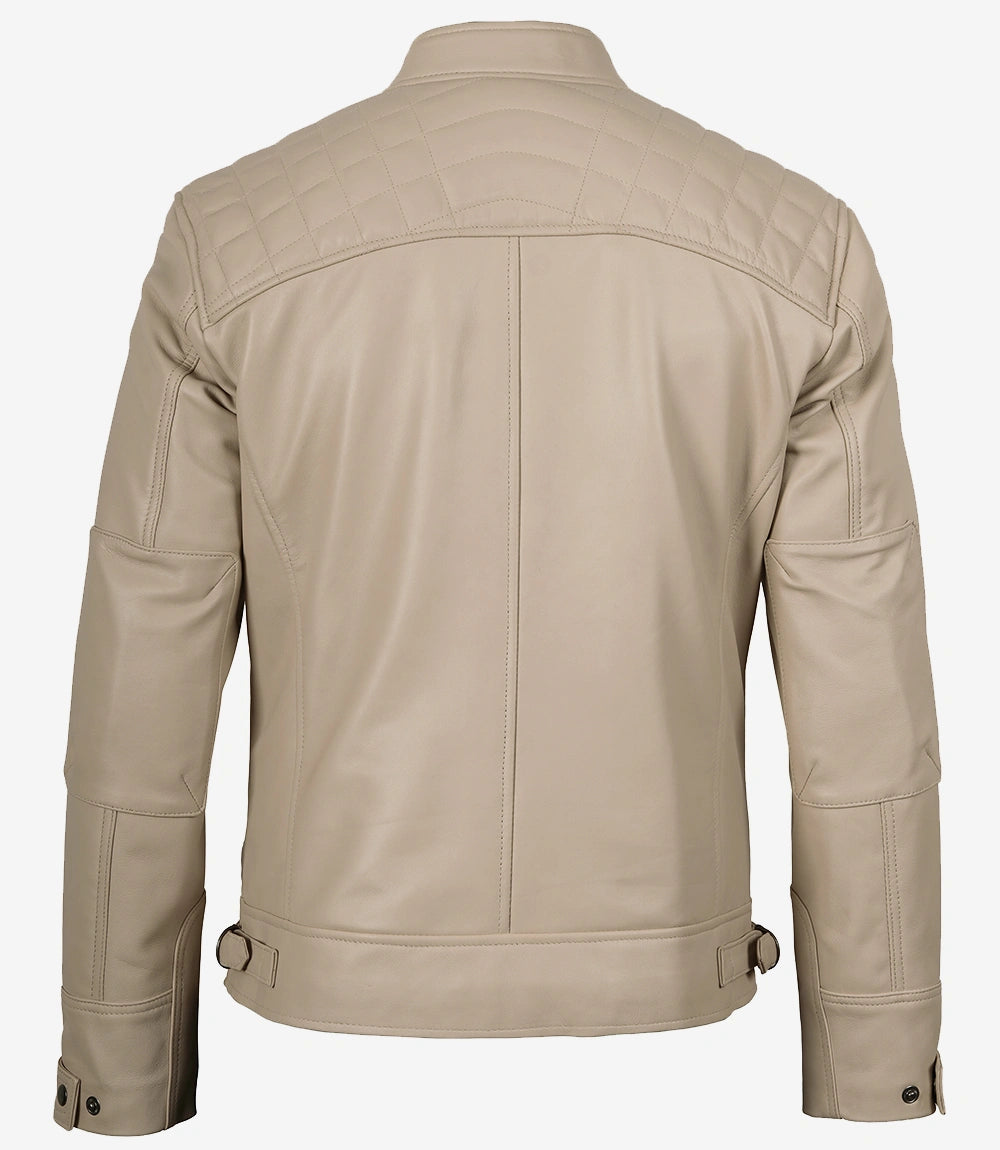 Beige Lederjacke im Biker-Stil für Herren – gesteppte Schulter