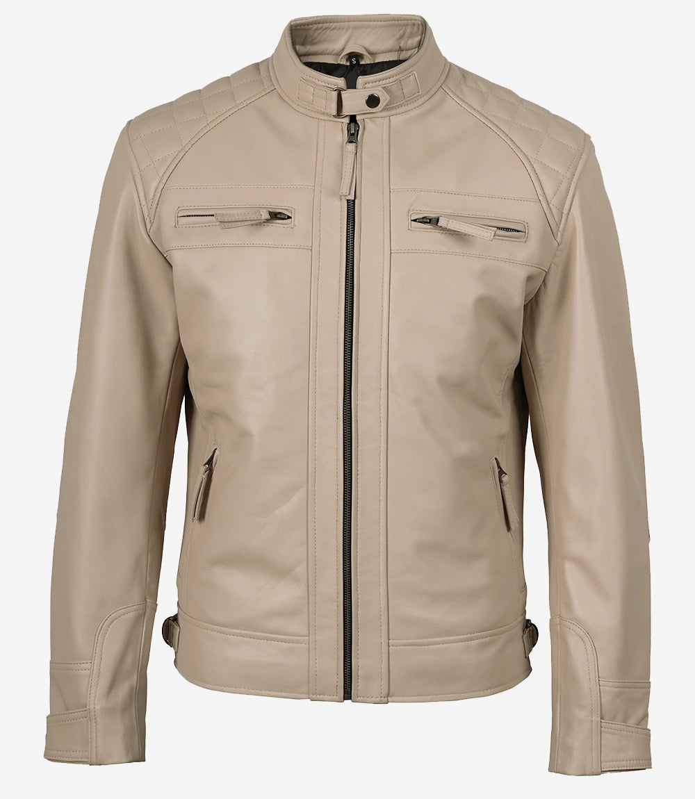 Beige Lederjacke im Biker-Stil für Herren – gesteppte Schulter
