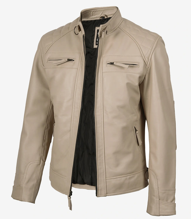 Beige Lederjacke im Biker-Stil für Herren – gesteppte Schulter