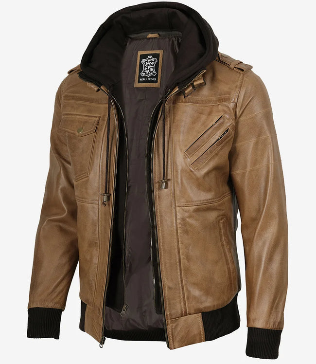 Herren-Bomberjacke aus Leder in Kamelbraun (abnehmbare Kapuze)
