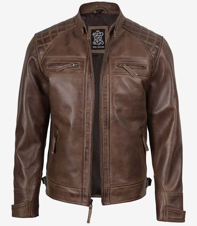 Schokoladenbraune Lederjacke im Biker-Stil für Herren – gesteppte Schultern