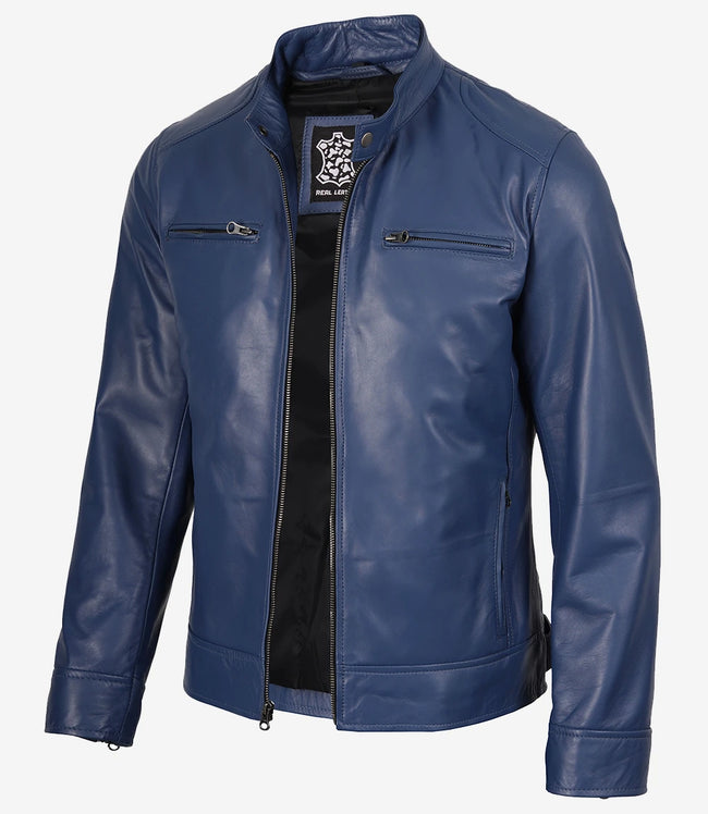 Klassische blaue Lederjacke im Biker-Stil für Herren