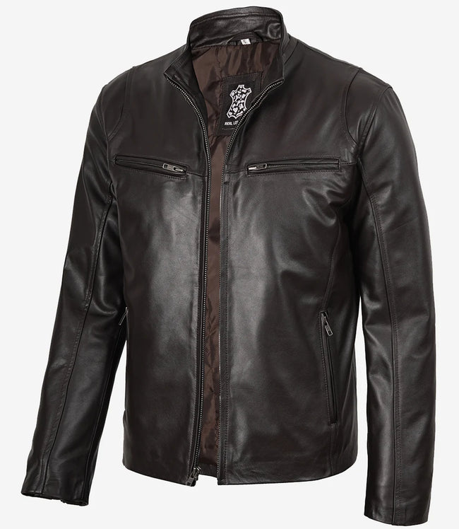 Klassische dunkelbraune Lederjacke im Biker-Stil für Herren