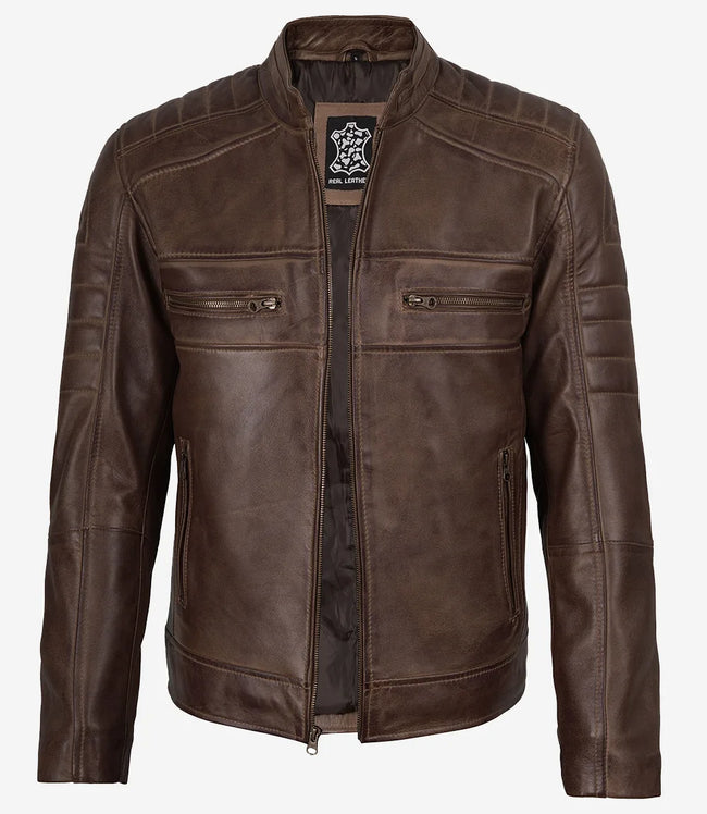 Kaffeebraune Distressed-Lederjacke für Herren – Biker-Stil