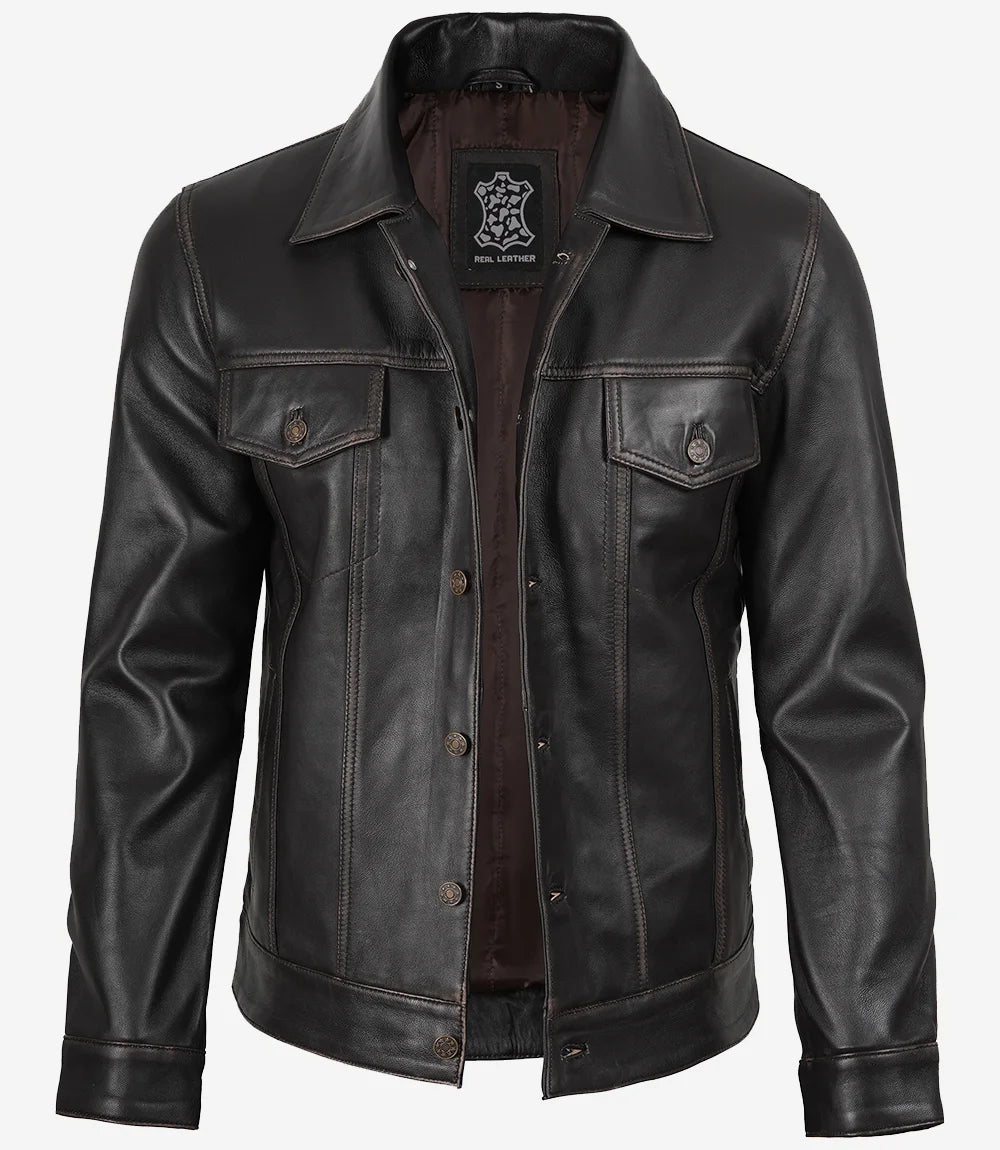 Braune Trucker-Lederjacke im Used-Look für Herren