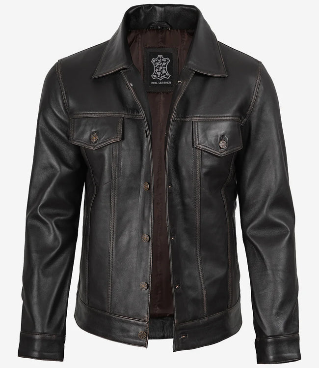 Braune Trucker-Lederjacke im Used-Look für Herren