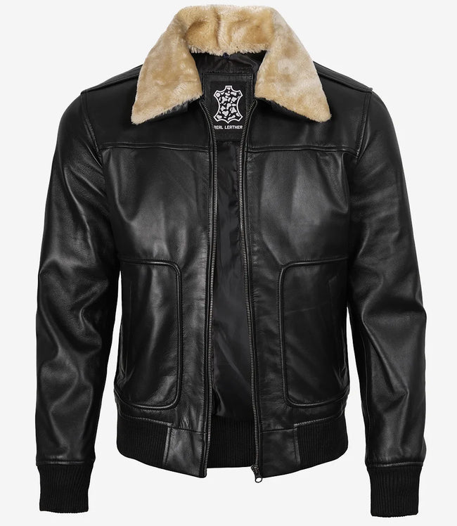 Schwarze Bomberjacke aus Leder mit Pelzkragen für Herren