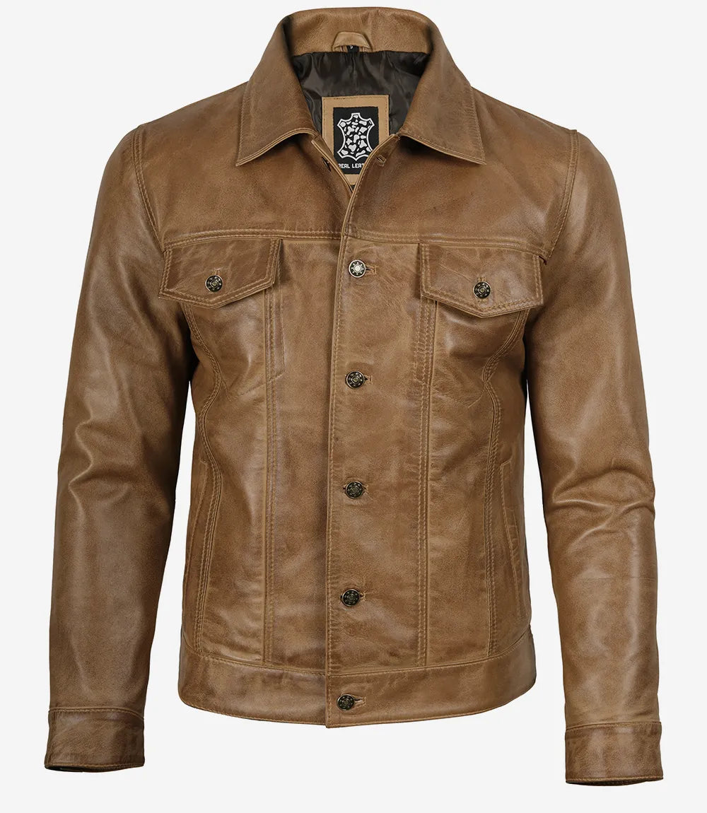 Herren-Truckerjacke aus echtem Leder, Kamelbraun