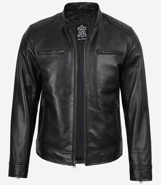 Schwarze Herren-Lederjacke mit abnehmbarer Kapuze