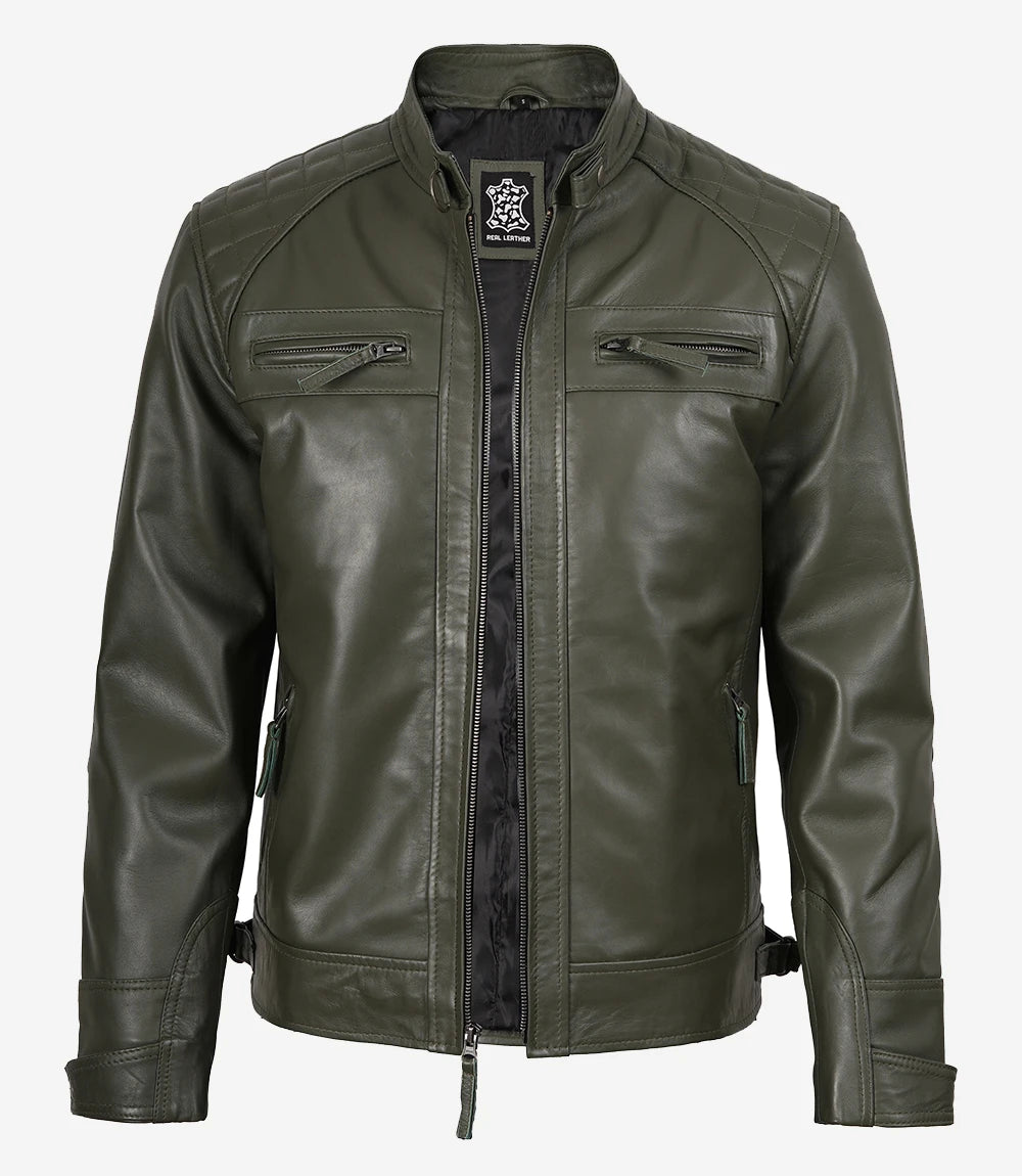 Herren Lederjacke im Biker-Stil mit gesteppter Schulterpartie, olivgrün