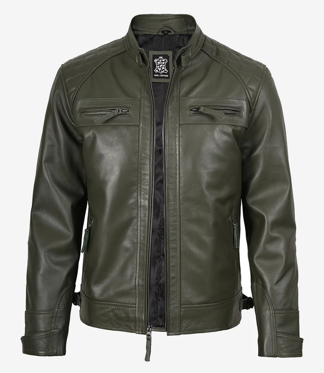 Herren Lederjacke im Biker-Stil mit gesteppter Schulterpartie, olivgrün