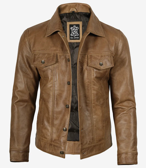 Herren-Truckerjacke aus echtem Leder, Kamelbraun