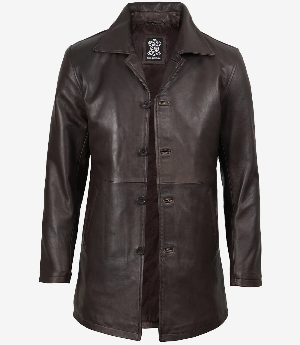 Brauner 3/4-Mantel aus echtem Leder für Herren im Used-Look
