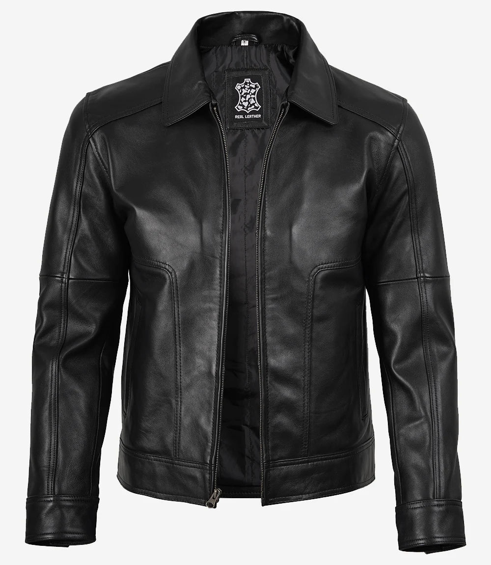 Klassische schwarze Lederjacke mit Hemdkragen für Herren