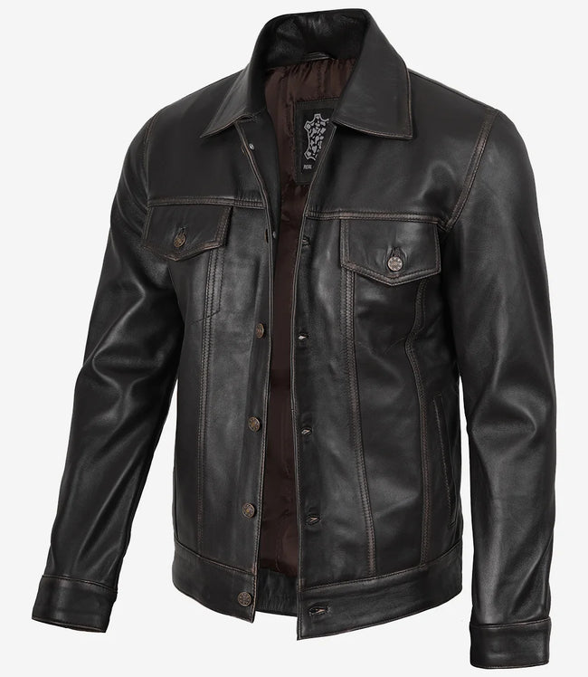 Braune Trucker-Lederjacke im Used-Look für Herren