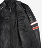 Schwarze Herrenjacke aus Lammleder im Biker-Stil – weiß und rot gestreift