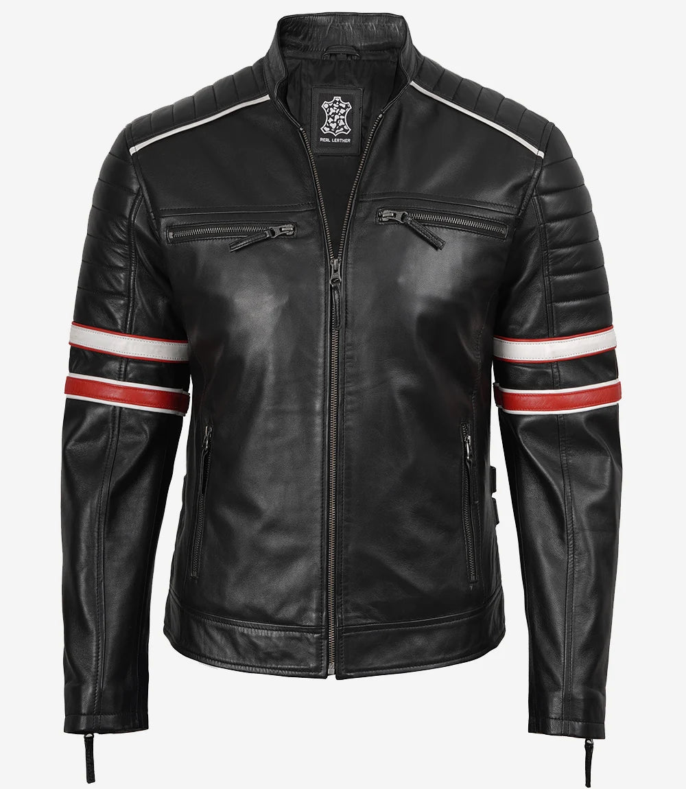 Schwarze Herrenjacke aus Lammleder im Biker-Stil – weiß und rot gestreift