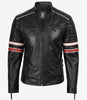 Schwarze Herrenjacke aus Lammleder im Biker-Stil – weiß und rot gestreift