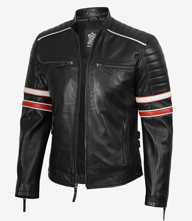 Schwarze Herrenjacke aus Lammleder im Biker-Stil – weiß und rot gestreift